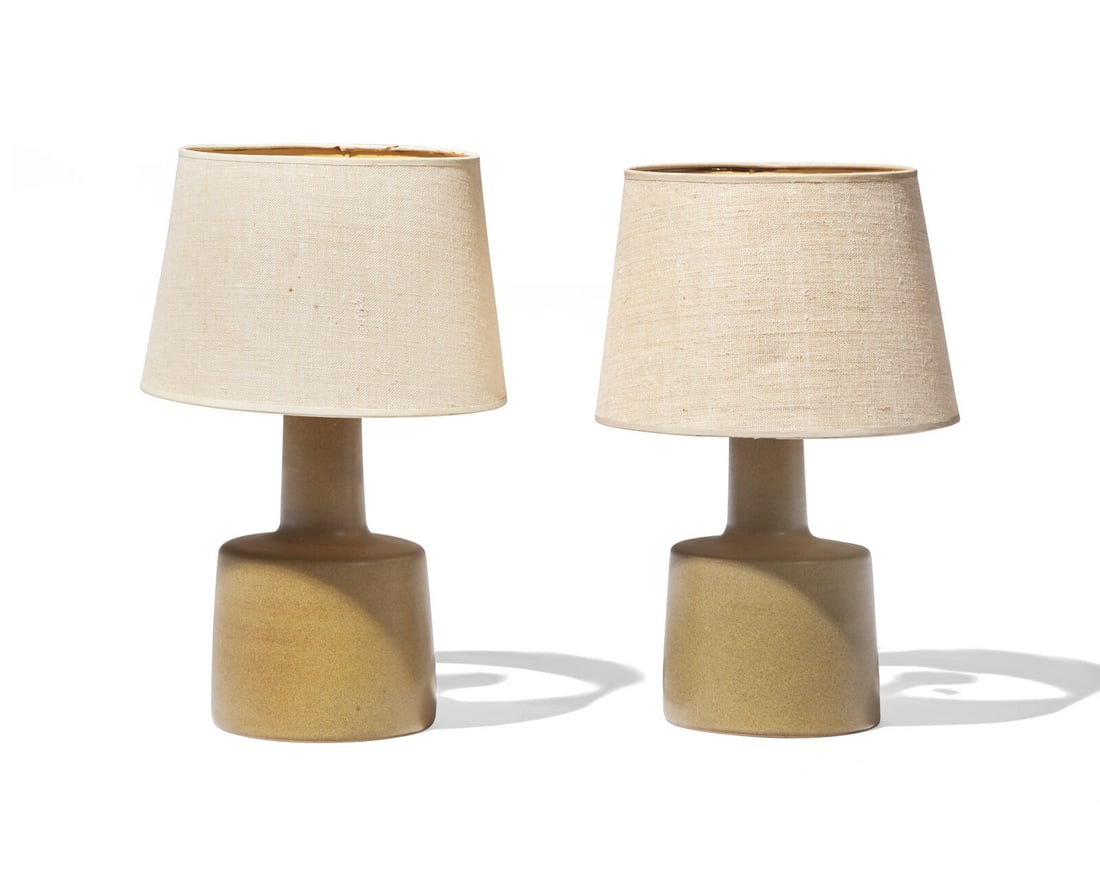 Jane and Gordon Martz (American, 1929-2007 | 1924 - 2015) Pair of Table Lamps Marshall Studios, US: Jane and Gordon Martz (American, 1929-2007 | 1924 - 2015) Pair of Table Lamps Marshall Studios, USA glazed stoneware, fabric shade stamped signature Martz 15 h × 6 dia in Provenance: