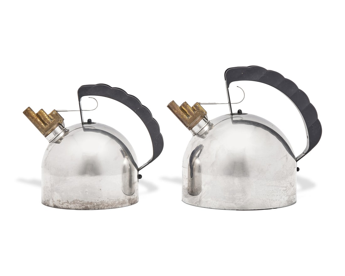 Richard Sapper (German, b. 1932) Pair of Melodic Kettles "Il Bollitore" for Alessi, Italy: Richard Sapper (German, b. 1932) Pair of Melodic Kettles "Il Bollitore" for Alessi, Italy stainless steel, brass, plastic impressed manufacturer's mark to underside Alessi Italy 8 h × 9 ½ w