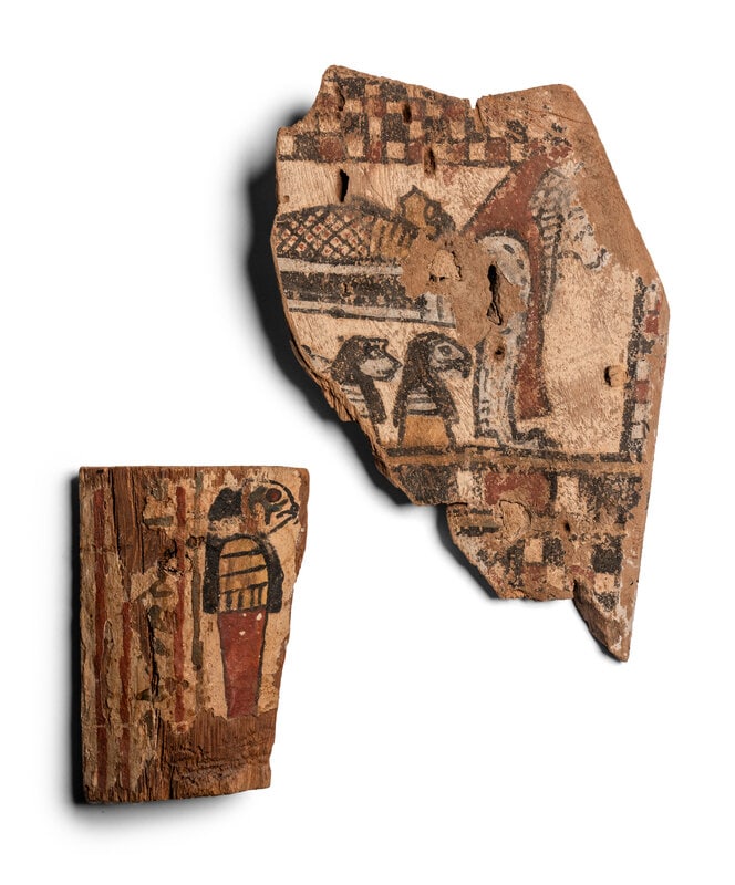 Two Egyptian Painted Wood Sarcophagus Fragments (1 of 4)