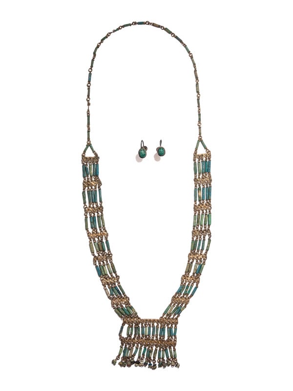 An Egyptian Bead and Faience Necklace with Scarab Earrings  (1 of 4)