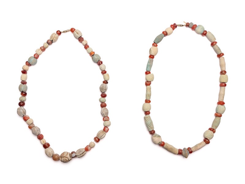 Two Egyptian Carnelian, Faience, and Ceramic Necklaces (1 of 2)