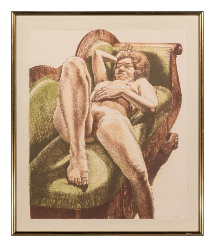 Philip Pearlstein (American, 1924-2022) Reclining Nude on Green Couch, 1971: Philip Pearlstein (American, 1924-2022) Reclining Nude on Green Couch, 1971 lithograph signed, dated, and numbered V/X in pencil 27 x 22 inches. This lot is located in Chicago. Property from the