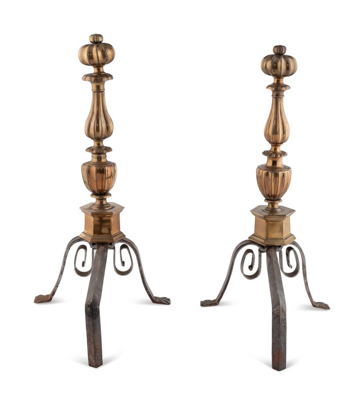 A Pair of Continental Brass and Steel Andirons: A Pair of Continental Brass and Steel Andirons 19th Century Height 26 x width 13 x depth 21 inches. This lot is located in Chicago.