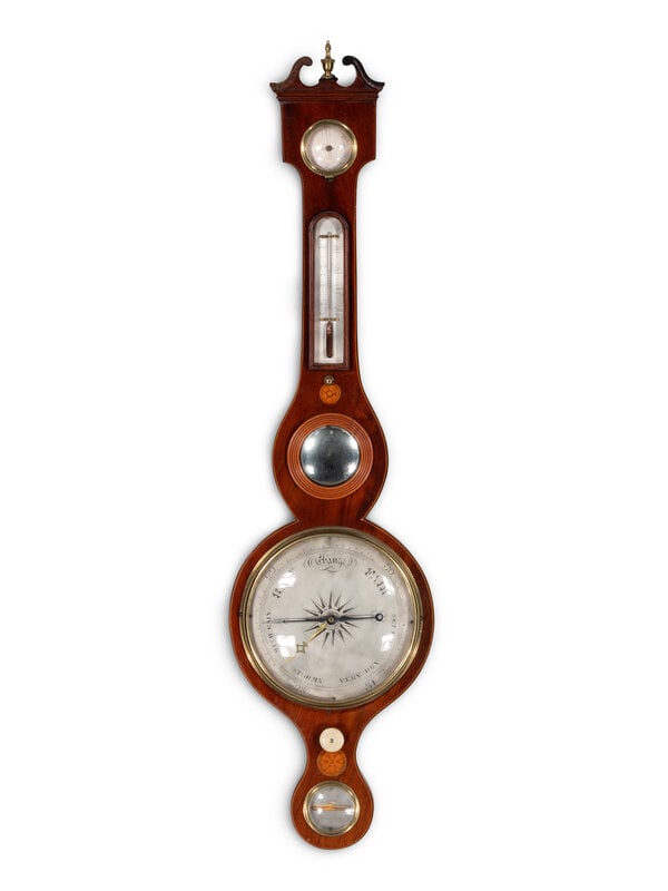A George III Mahogany and Marquetry Wheel Barometer: A George III Mahogany and Marquetry Wheel Barometer 19th Century Overall 38 1/2 inches. This lot is located in Chicago.