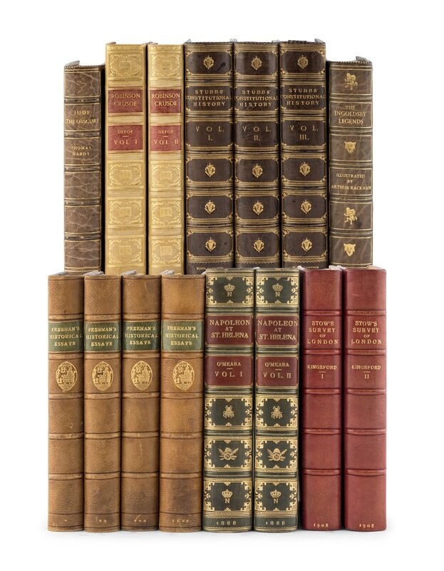 [BINDINGS] -- [HISTORY & LITERATURE]. A group of 7 works in 15 volumes, all full or half leather bin (1 of 4)