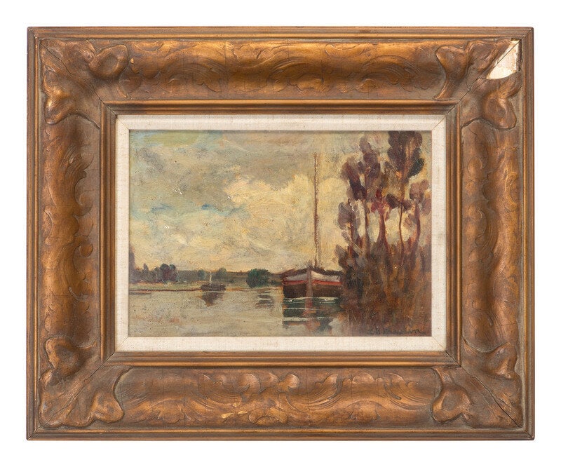 Lewis Henry Meakin (American, 1850-1917) River Scene with Boat: Lewis Henry Meakin (American, 1850-1917) River Scene with Boat oil signed lower right 6 7/8 x 10 inches. This lot is located in Cincinnati. Size 6 7/8 x 10 inches. Con