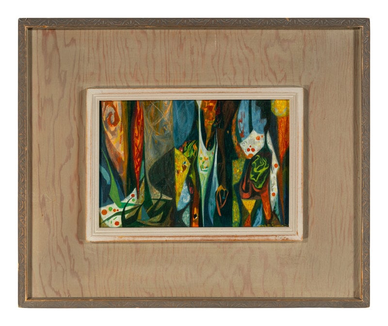 Mitchell Siporin (American, 1910-1976) Display, 1951: Mitchell Siporin (American, 1910-1976) Display, 1951 oil on masonite signed Mitchell Siporin and dated (lower right) 8 1/2 x 12 1/2 inches. This lot is located in Chicago. <