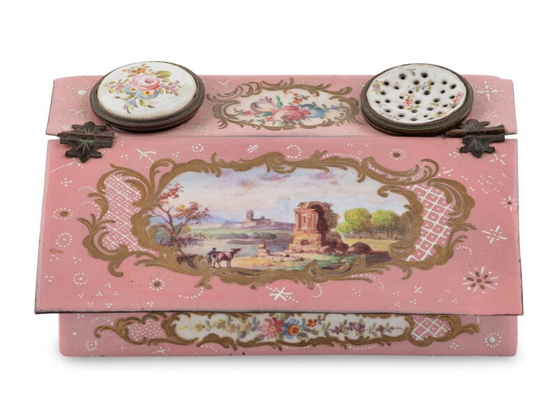 A Staffordshire Enamel Standish: A Staffordshire Enamel Standish 19th Century Height 2 x width 6 x depth 4 3/4 inches. This lot is located in Chicago.