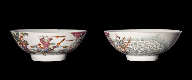 A Pair of Chinese Famille Rose Porcelain Bowls: A Pair of Chinese Famille Rose Porcelain Bowls each having rounded walls resting on a short, straight foot, painted to the exterior with figures at various tasks outside a pavilion. Diameter o