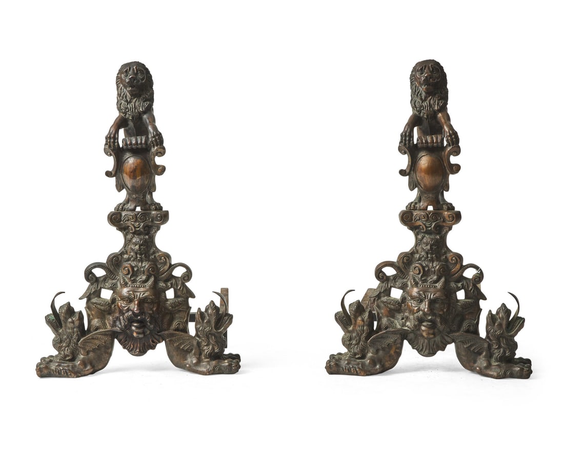 A large pair of Renaissance Revival bronze andirons, possibly Venice, Italy, 19th century (1 of 3)