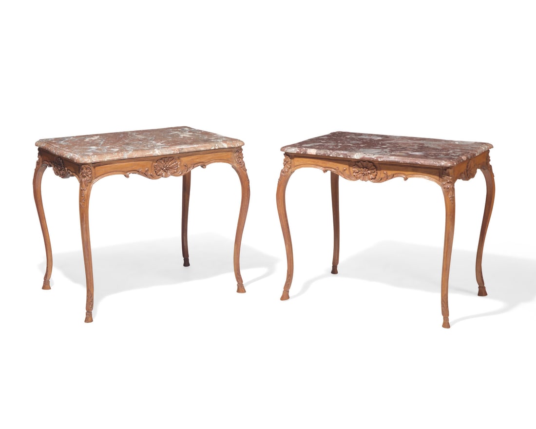 A rare near pair of Louis XV oak side tables with rouge marble tops, 18th / 19th century (1 of 4)