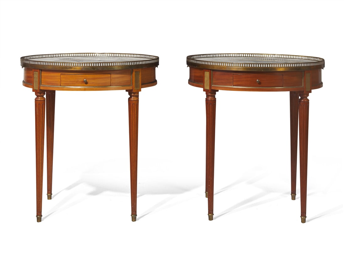 A pair of Louis XVI style brass-mounted mahogany bouillotte tables with white marble tops, 20th (1 of 4)