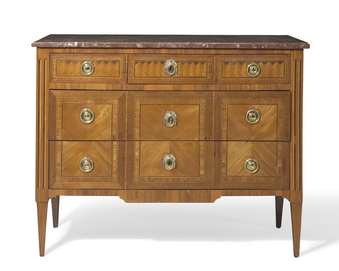 A French Directoire parquetry mahogany commode with red breccia marble top, circa 1800 (1 of 4)