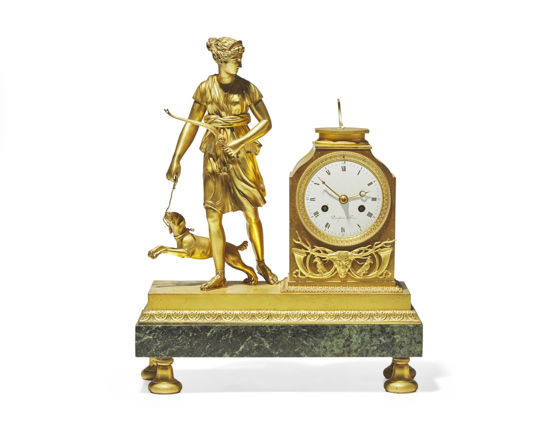 A French Neoclassical gilt bronze mantel clock depicting Diana of the Hunt, works by "Denisart à (1 of 2)