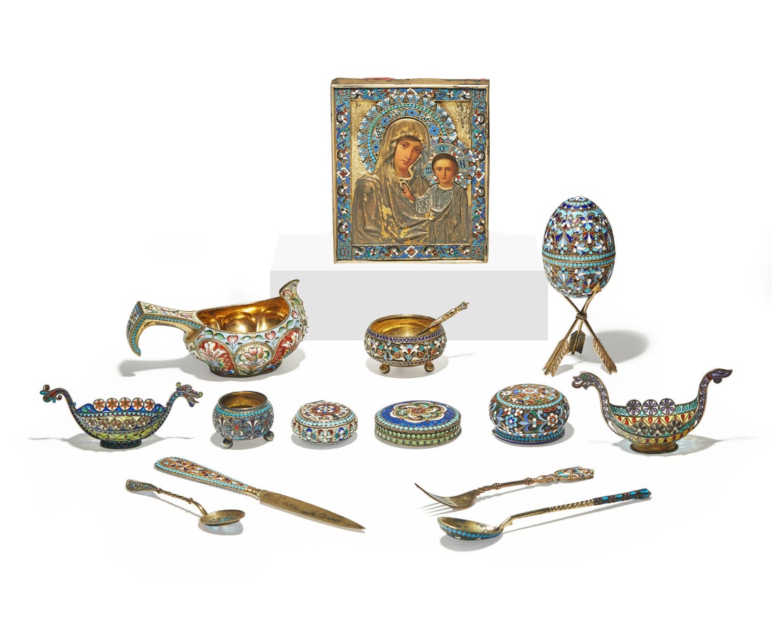 A collection of fifteen Russian, German, and Norwegian shaded enamel and plique-à-jour and (1 of 6)
