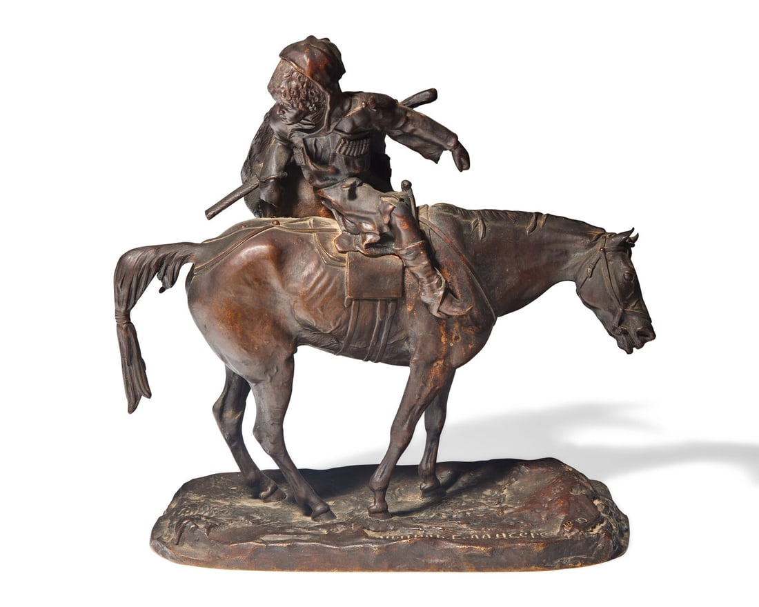 After Evgeni Alexandrovich Lanceray (Russian, 1848-1886), A Bronze Sculpture of a Soldier on (1 of 5)