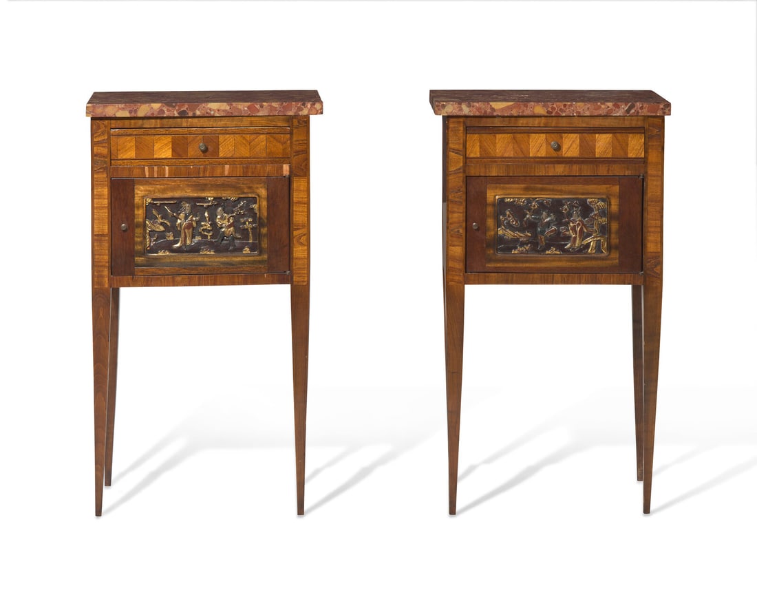 A pair of Neoclassical style inlaid mahogany side tables with Breccia marble tops, early 20th (1 of 4)