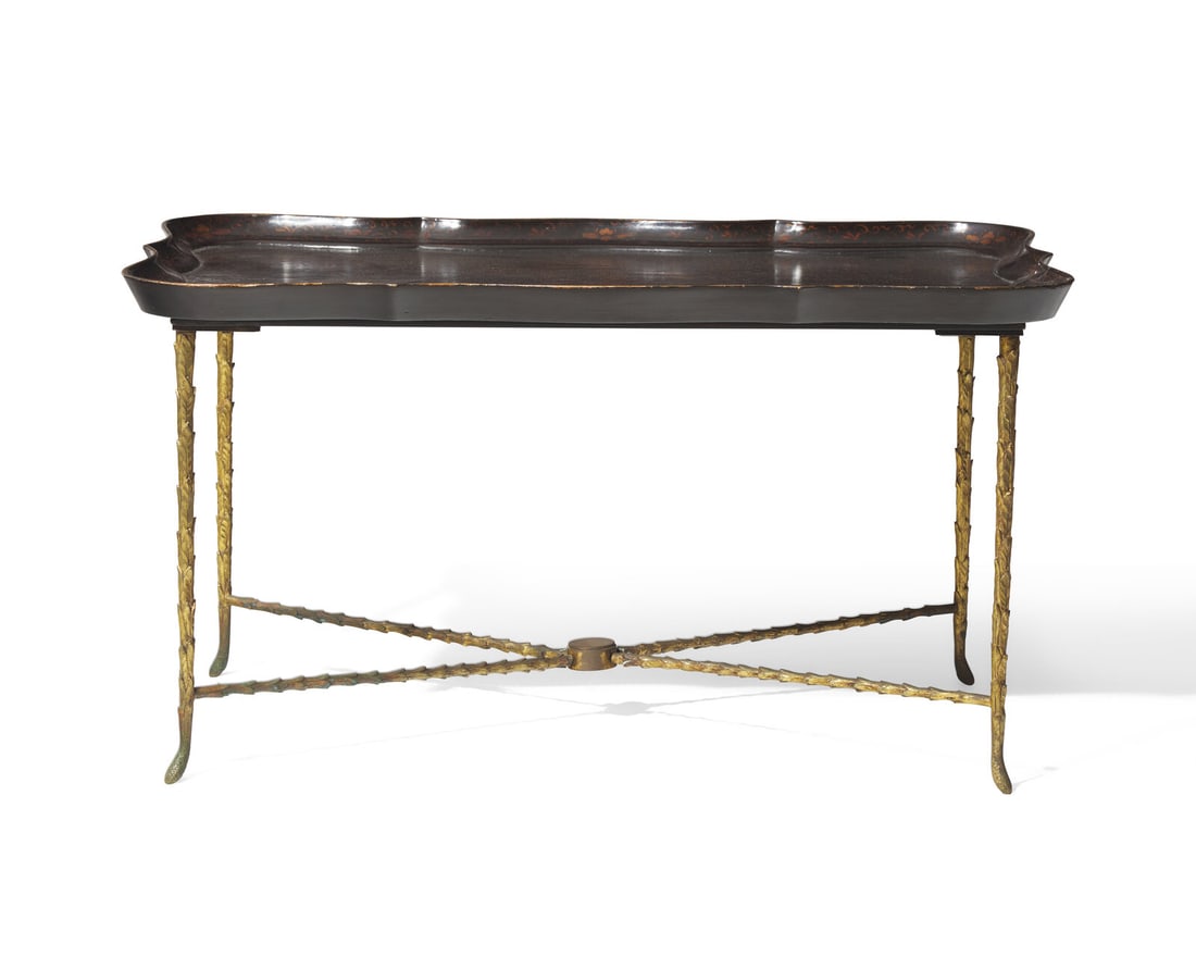 A Chinoiserie lacquered wood tray table on gilt bronze base, 20th century (1 of 3)