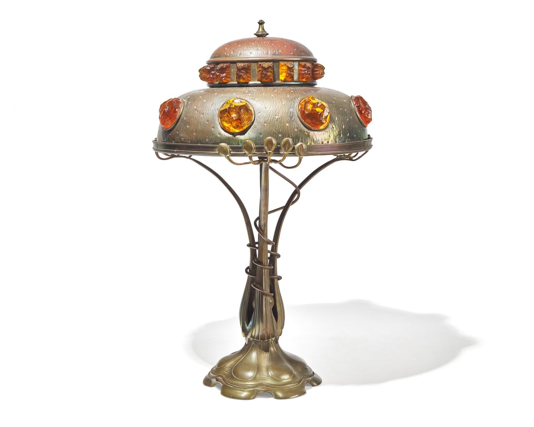 A Jugendstil cast brass and chunk glass "jewel" table lamp, Hermann Eichberg, cast by Braeunlich & (1 of 3)