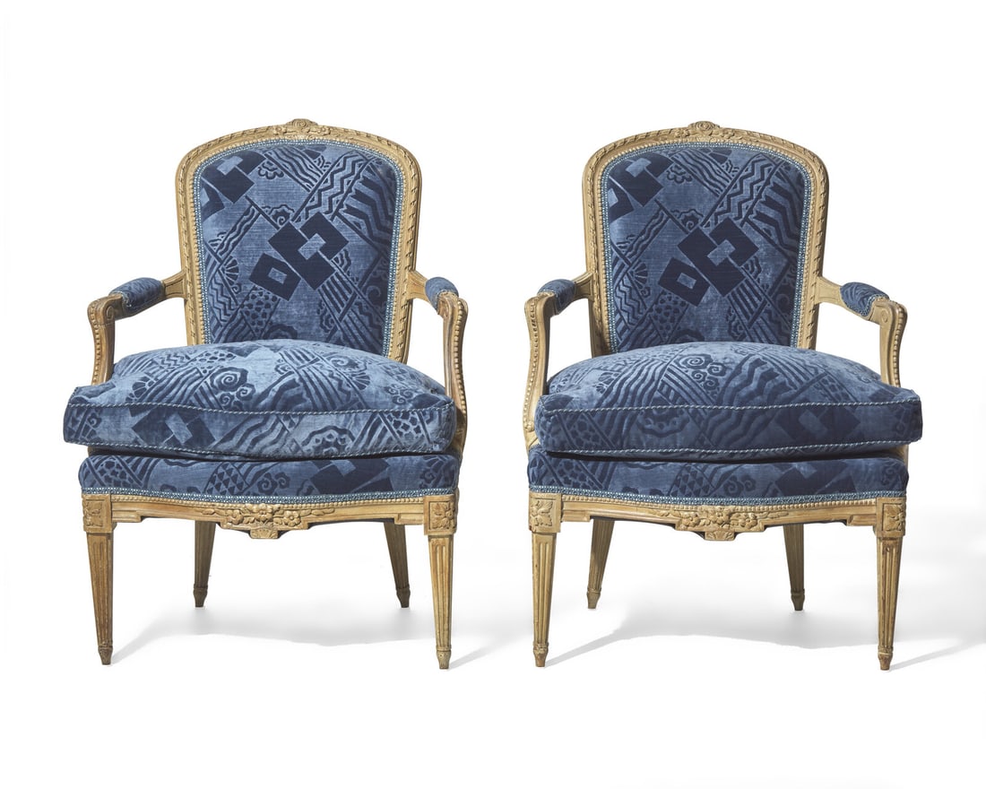 A pair of Louis XVI style white-painted bergeres, probably 19th century (1 of 3)