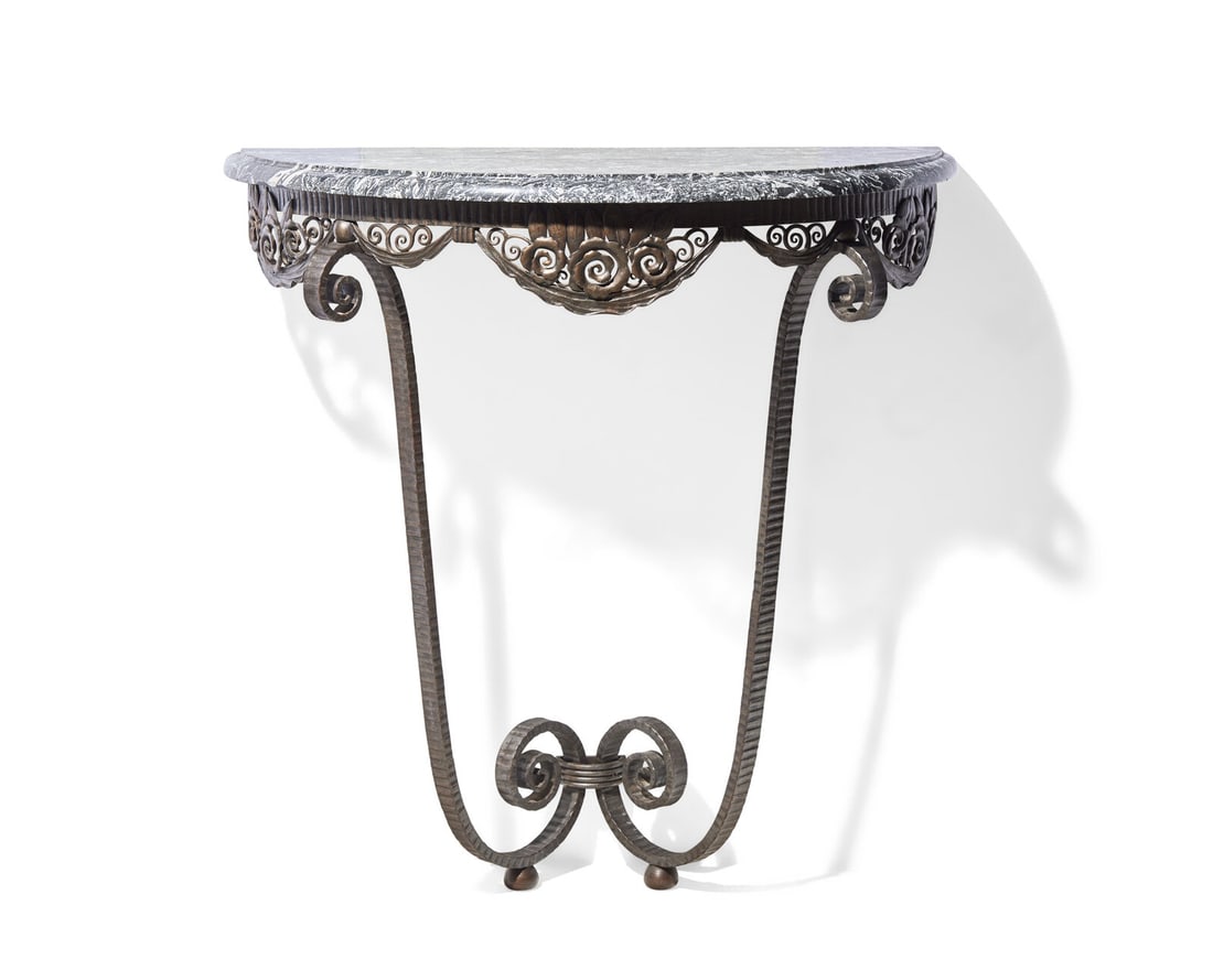 A French Art Deco iron console table with Grand antique marble top, circa 1930 (1 of 3)