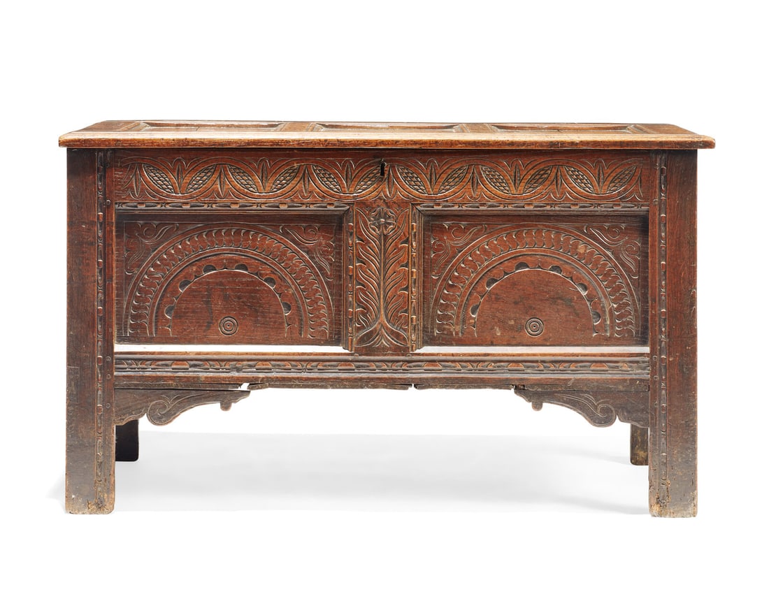 A James II carved oak coffer, late 17th century (1 of 3)