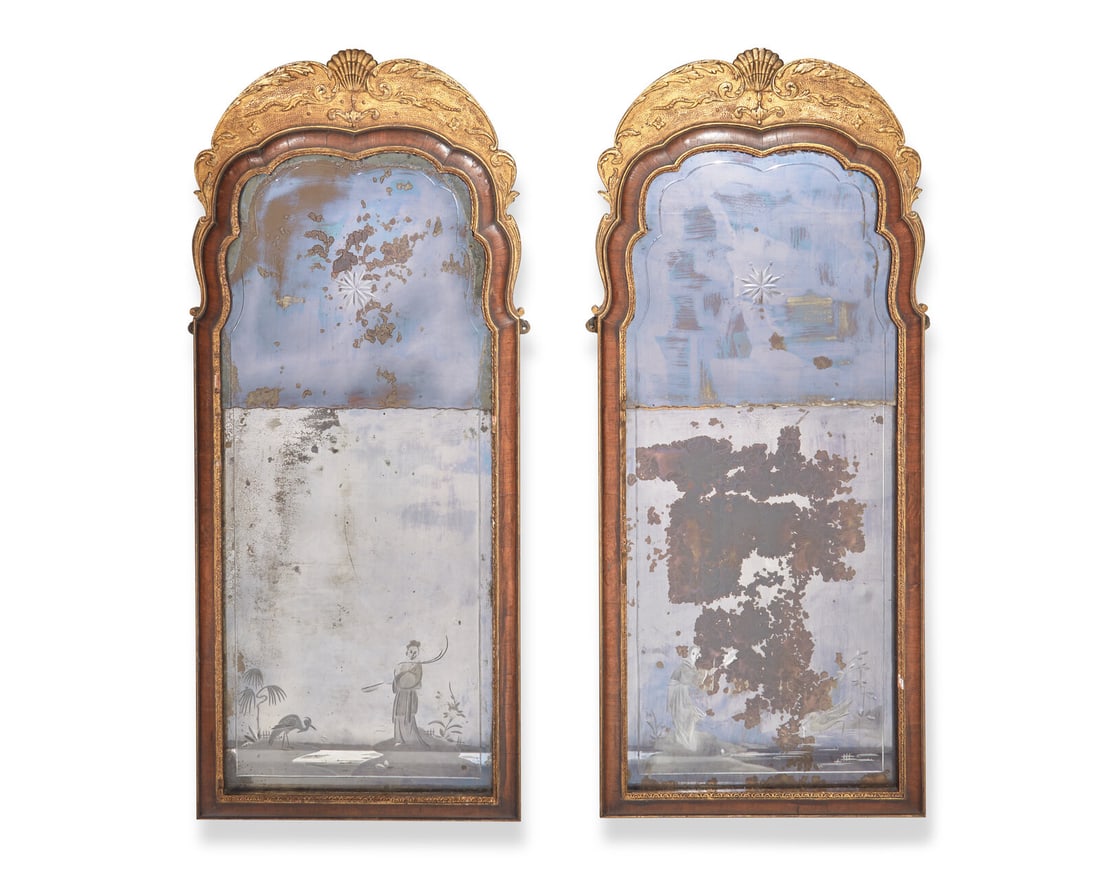 A pair of Queen Anne giltwood and walnut veneered pier glasses with etched mirror plates, 18th / (1 of 3)