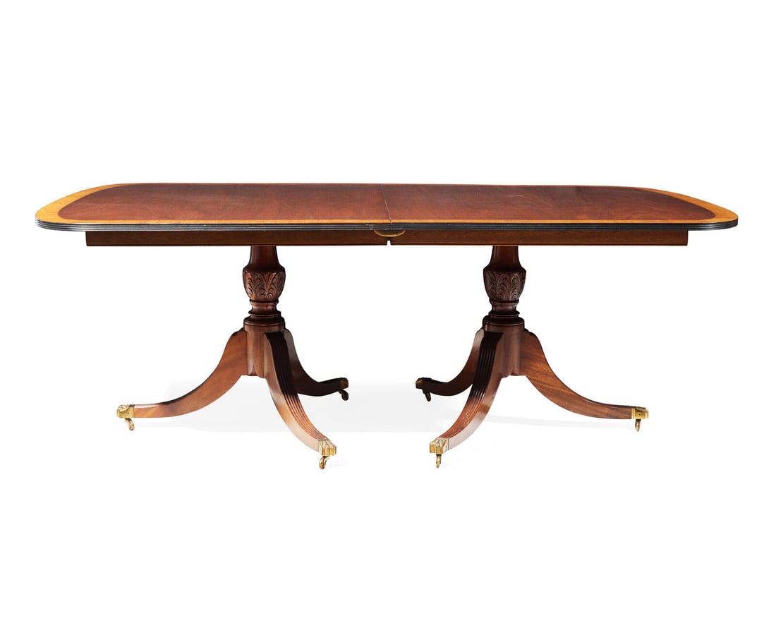 A Regency style two-pedestal inlaid mahogany and satinwood dining table, 20th century (1 of 3)
