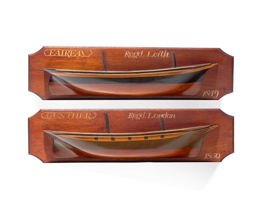 Two English half hull ship models, likely 20th century: Two English half hull ship models, likely 20th century The first, for the ship Fairfax, inscribed, "Fairfax/ Regd. London/ 1849"; the second, for the ship Gunther, inscribed, "Gunther/ Regd. London/ 1