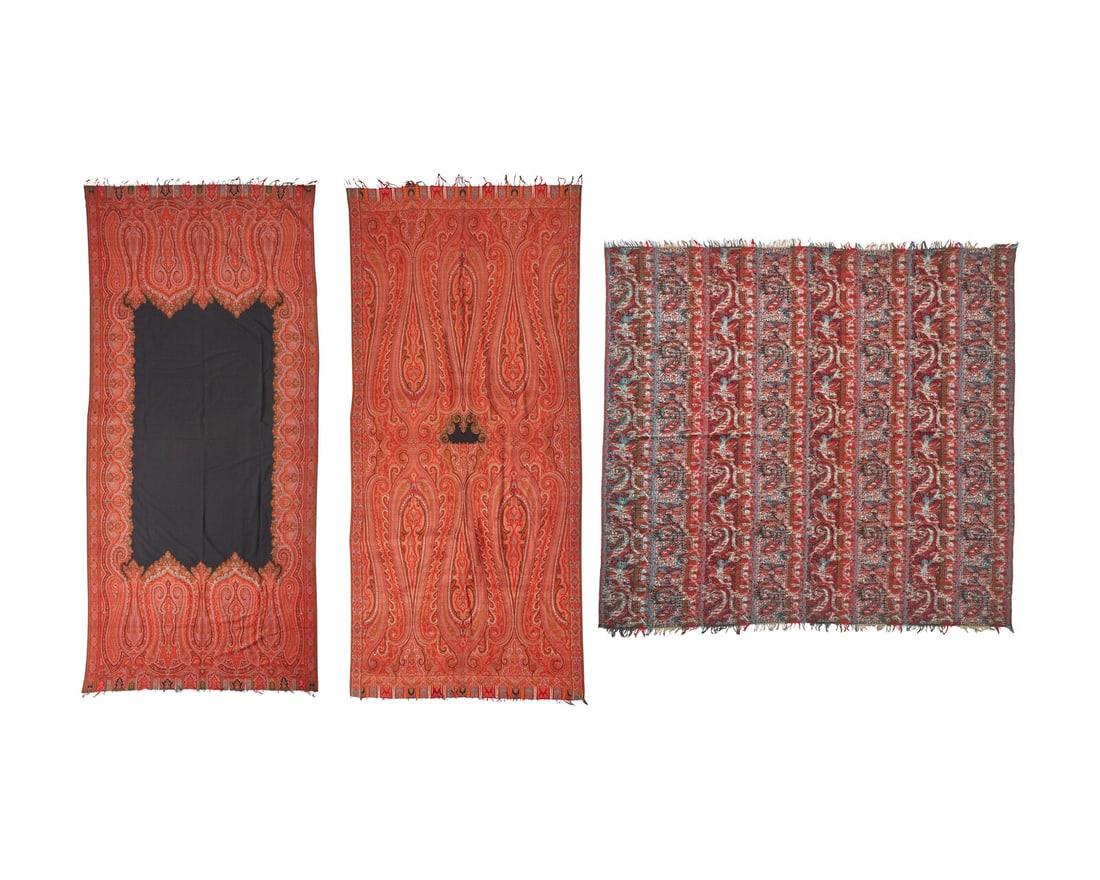 A group of three Kashmir Paisley wool shawls, late 19th century: A group of three Kashmir Paisley wool shawls, late 19th century One retaining old tag for Samuel Marx, Inc., numbered “900,” and an old cotton label stamped, “77518,” and inscribed in