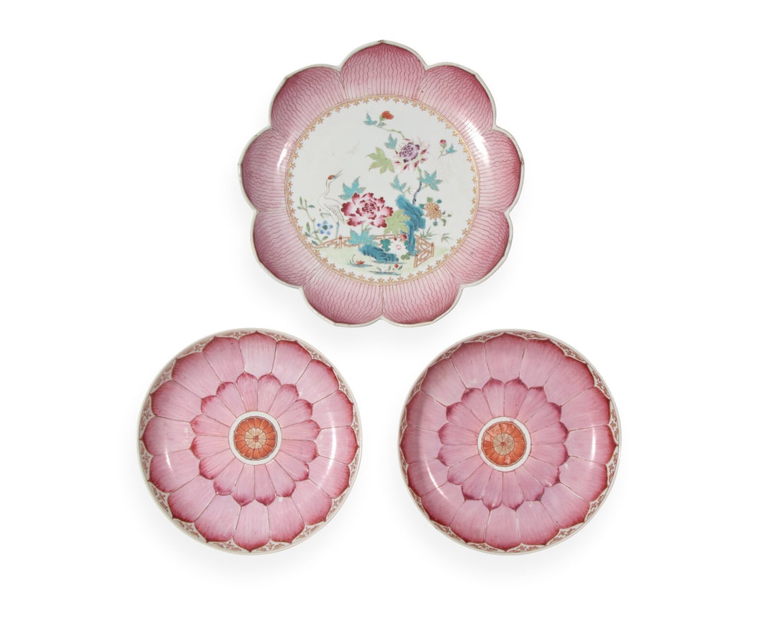 A group of three Chinese Export porcelain pink lotus bowls, mid-18th century (1 of 2)