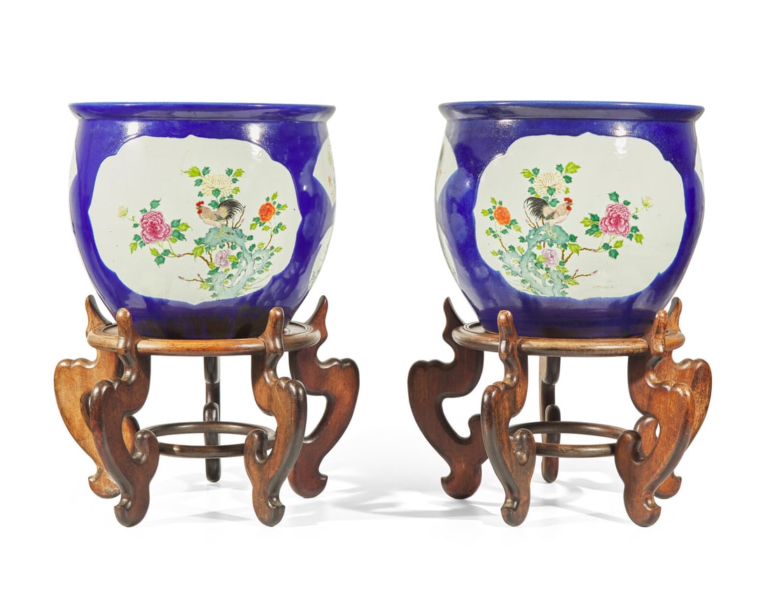 A pair of large Chinese Famille Rose-decorated cobalt-ground jardinières, late Qing to Republic (1 of 5)