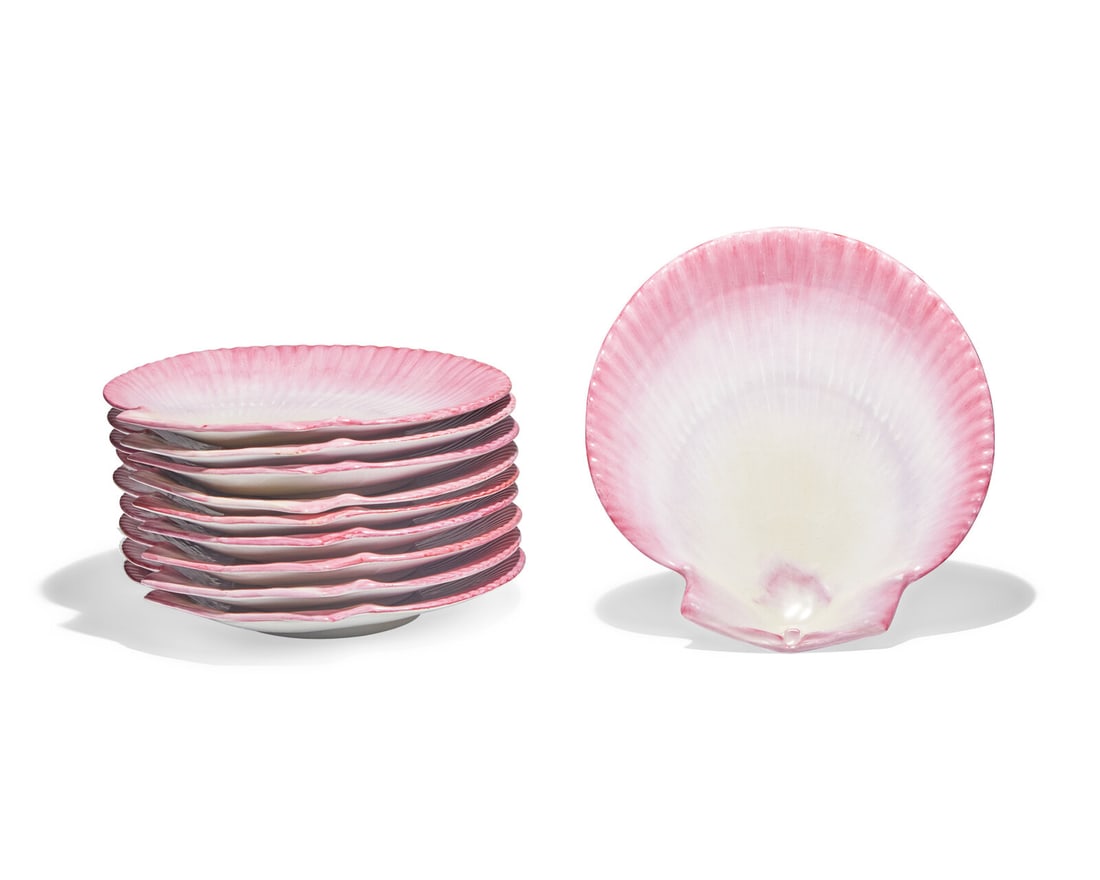 A set of ten Wedgwood pink shell-form porcelain plates, England, bearing date mark for 1877-1878 (1 of 3)