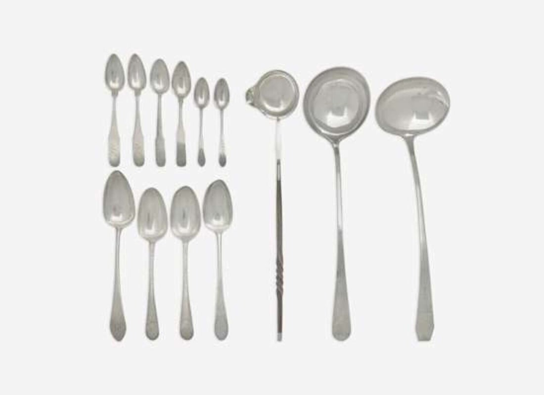A collection of thirteen silver serving utensils and flatware, various makers, primarily New York, (1 of 1)