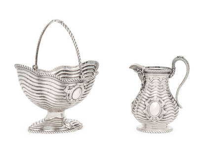 A Grosjean and Woodward for Tiffany and Co. Silver Creamer and Sugar Basket: A Grosjean and Woodward for Tiffany and Co. Silver Creamer and Sugar Basket New York, NY, Mid 19th Centuryeach stamped 550 Broadway NY' and 'English Sterling' on underside, the sugar basket stamped