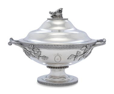 A Tiffany and Co. Silver Soup Tureen: A Tiffany and Co. Silver Soup Tureen Designed by John C. Moore, New York, NY, Circa 1856-60 monogrammed B to body, modeled with a boar's head finial, a Greek key border and branch-form handles. 82
