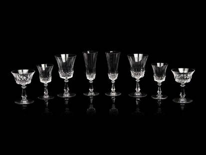 A Val Saint Lambert Cut Glass Stemware Service: A Val Saint Lambert Cut Glass Stemware Service 20th Centurycomprising 10 champagne flutes, 21 coupes, 9 water goblets and 16 cordials; 56 items total. Height of tallest 7 1/2 inches. This lot