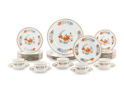 A Raynaud and Co. Limoges Porcelain Dinner Service: A Raynaud and Co. Limoges Porcelain Dinner Service 20th CenturyVieux Chine pattern, comprising: 8 dinner plates 8 salad plates 8 bread plates 8 cream soup bowls 8 teacups 8 saucers; 48 items total.