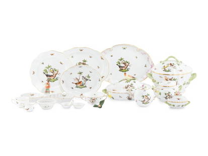 A Herend Rothschild Bird Porcelain Dinner Service: A Herend Rothschild Bird Porcelain Dinner Service 20th Centurycomprising: 6 chargers 6 salad plates 6 bouillon soups 6 underplates 4 teacups and 4 saucers 6 coffee cups and 6 saucers 1 large round