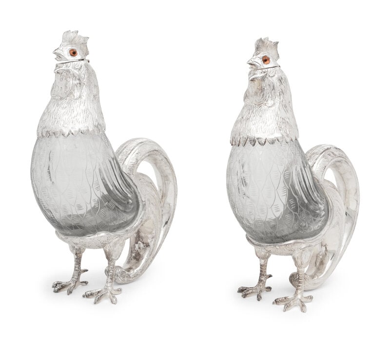 A Pair of Silver-Plate and Glass Cockerel Decanters (1 of 6)