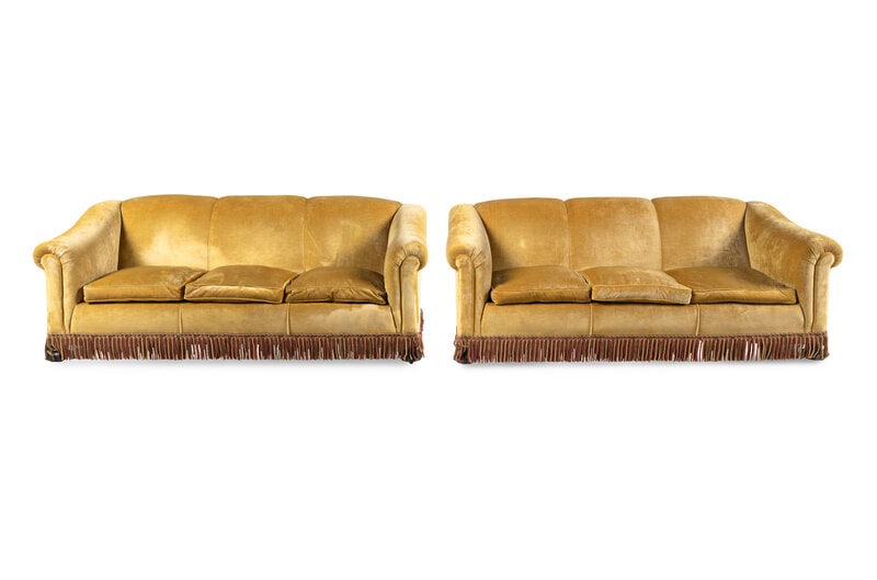 A Pair of Velvet-Upholstered Three-Cushion Sofas (1 of 14)