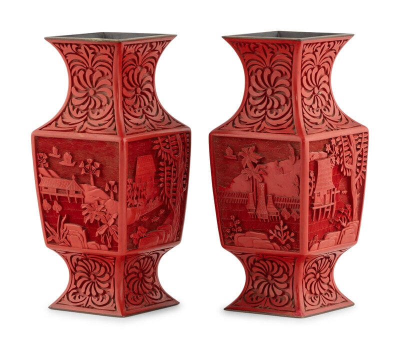 A Pair of Chinese Carved Red Lacquer Vases (1 of 14)