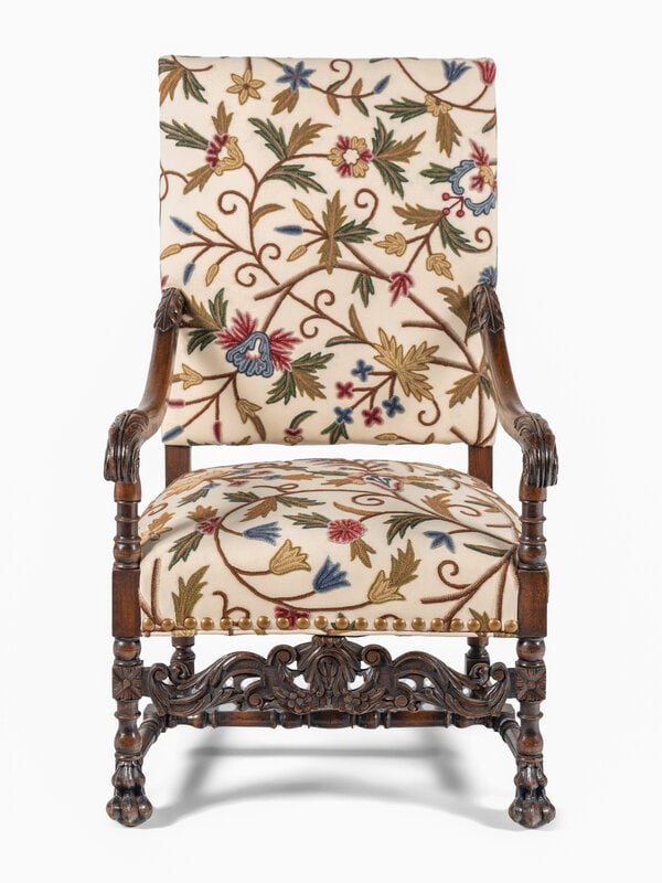 A William and Mary Style Walnut Armchair with Crewelwork Upholstery: A William and Mary Style Walnut Armchair with Crewelwork Upholstery Late 19th Century Height 44 1/2 x width 25 1/2 x depth 28 inches. This lot is located in Chicago. Property from t