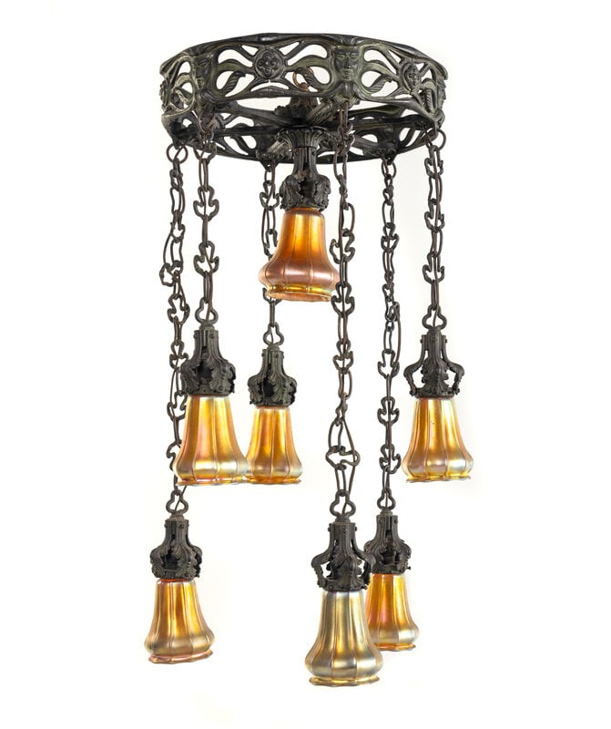 An Art Nouveau Patinated Bronze and Steuben Aurene Glass Seven-Light Ceiling Fixture (1 of 15)