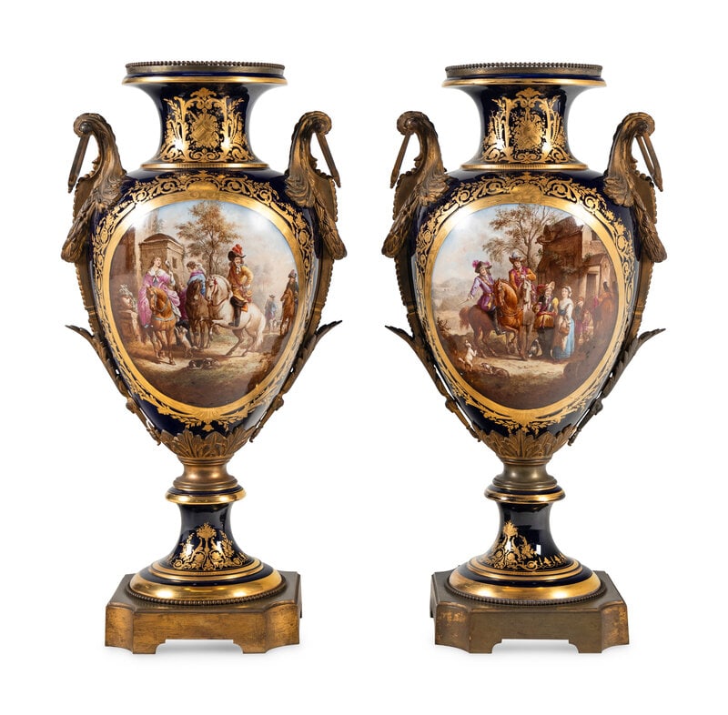 A Pair of Large Gilt Bronze Mounted Sèvres Style Porcelain Urns (1 of 16)