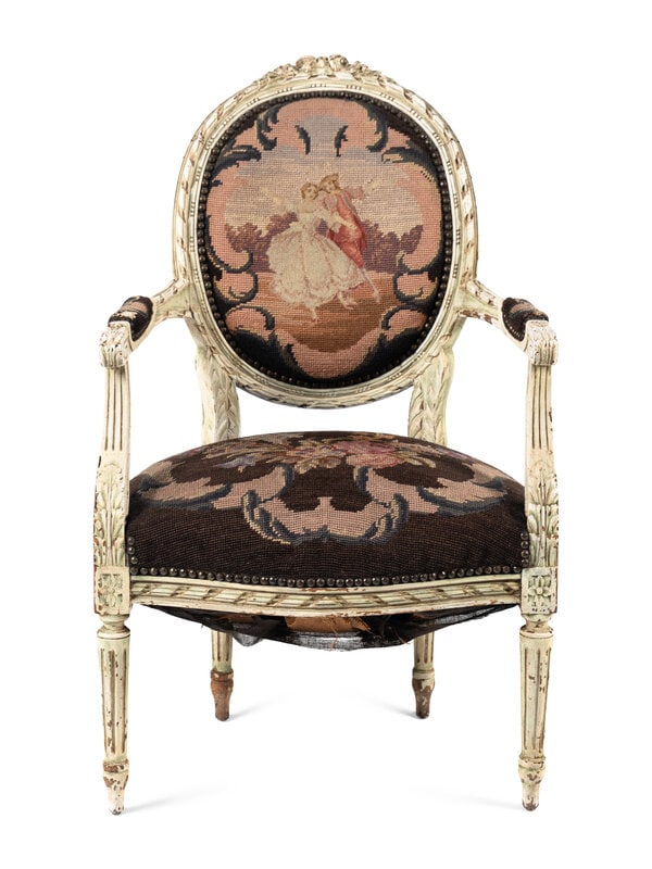 A Louis XVI Style Painted Fauteuil: A Louis XVI Style Painted Fauteuil 19th Century Height 37 1/2 x width 24 x depth 20 inches. This lot is located in Chicago. Property from the Estate of Dr. Devon Hoover, Detroit, Michig