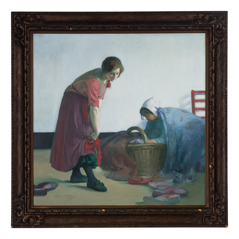 Myron Barlow (American, 1873-1937): Myron Barlow (American, 1873-1937) Shoe Merchant oil on canvas signed MYRON-BARLOW (lower left) 39 1/2 X 39 1/2 inches. This lot is located in Chicago. P