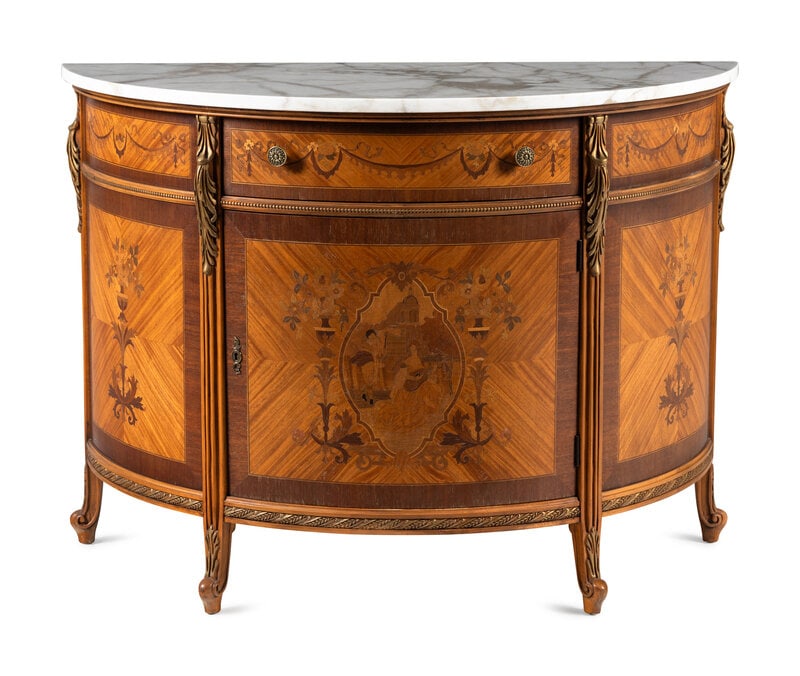 An Adam Style Satinwood and Marquetry Marble-Top Demilune Cabinet (1 of 14)