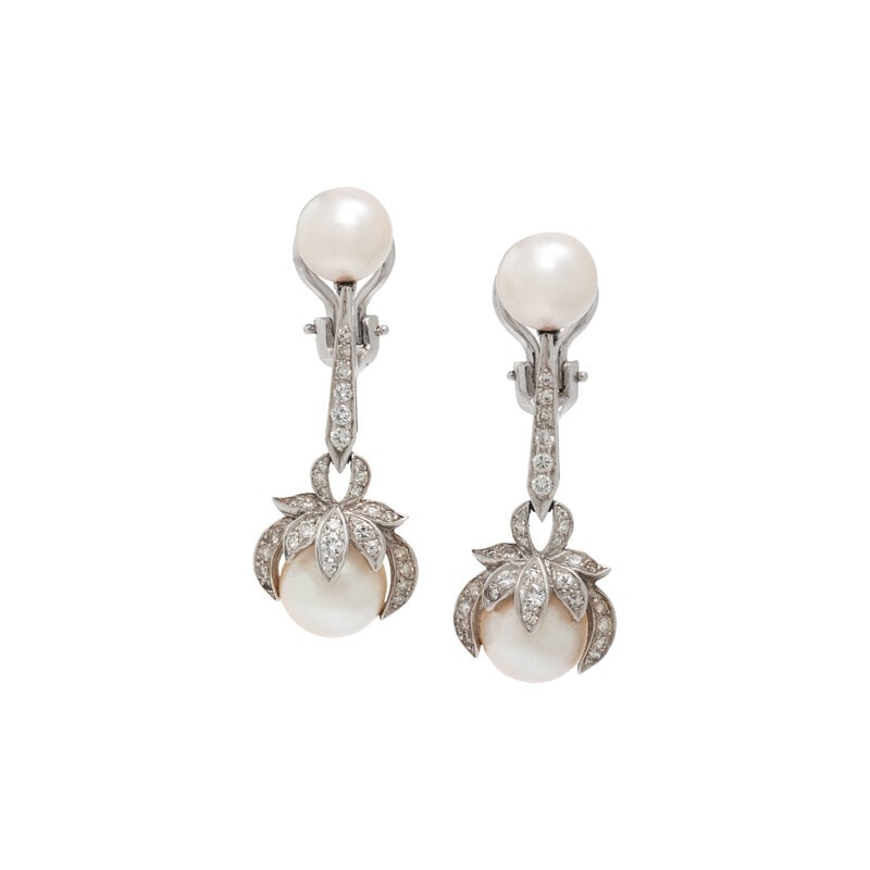 CULTURED PEARL AND DIAMOND CLIP EARRINGS : CULTURED PEARL AND DIAMOND CLIP EARRINGS Cultured pearls measuring approximately 8.70-9.70 mm, round brilliant and single cut diamonds. White gold. 1 1/2 inches long. Stamp: 2382. Gross weight: 7.00 d