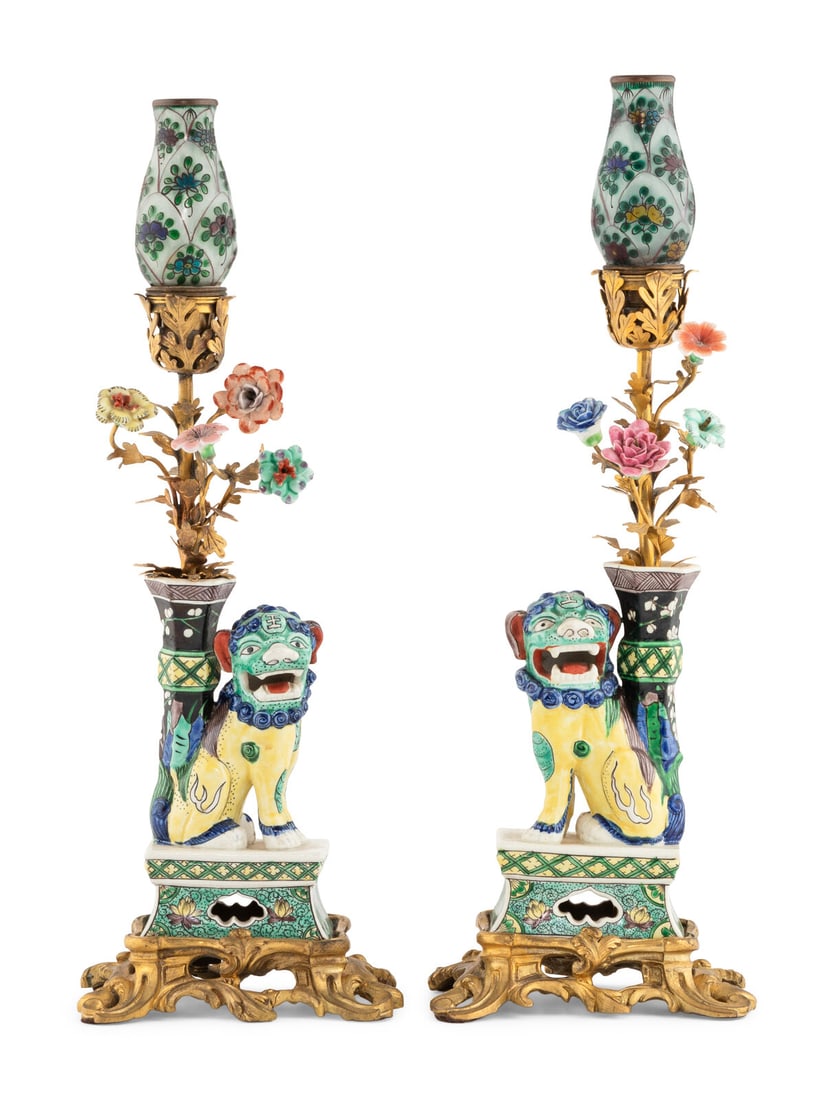 A Pair of Gilt Bronze Mounted Chinese Porcelain Foo Dog Lamps (1 of 9)